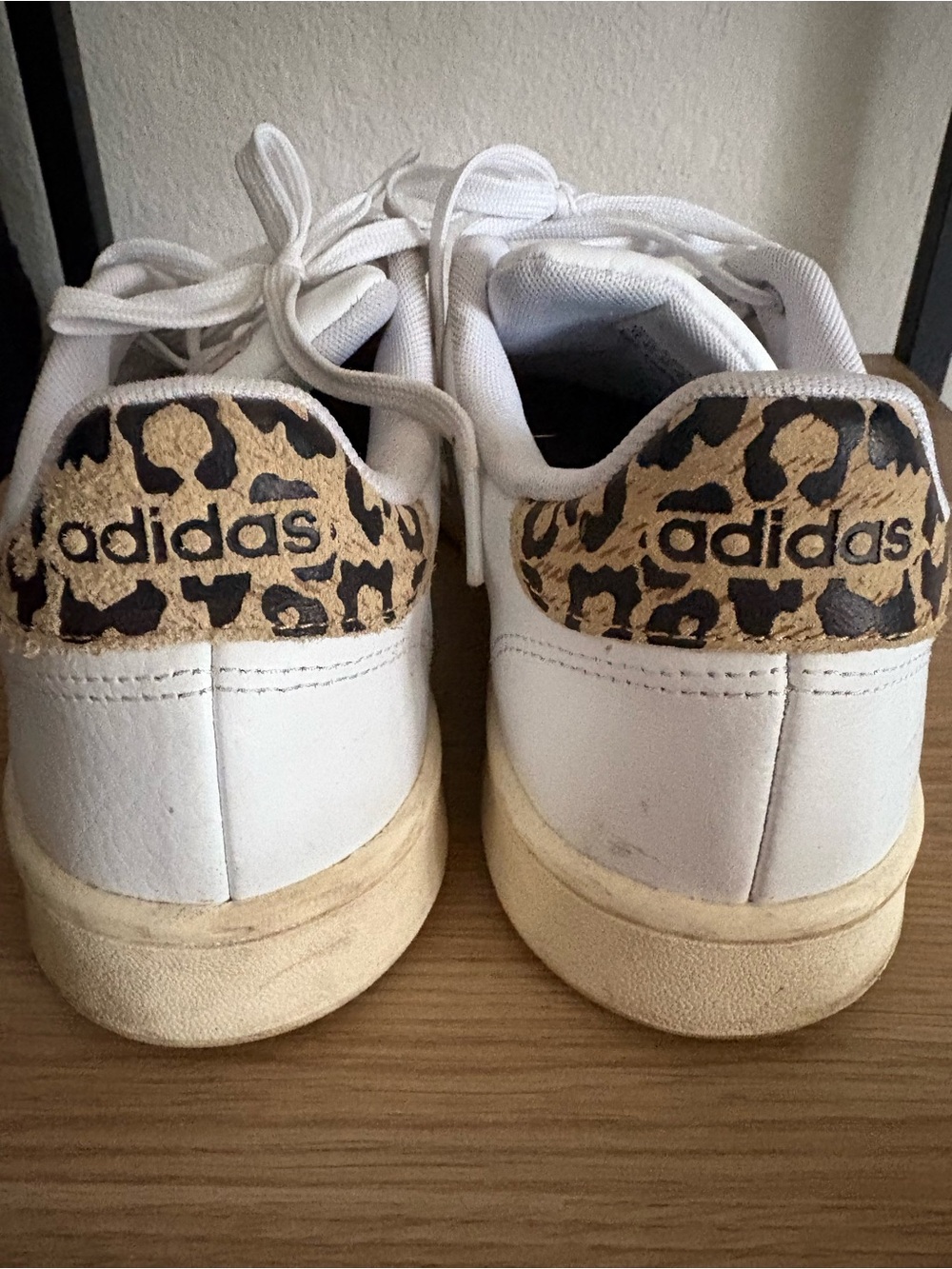 adidas Womens White Sneakers with Leopard Heel Detail